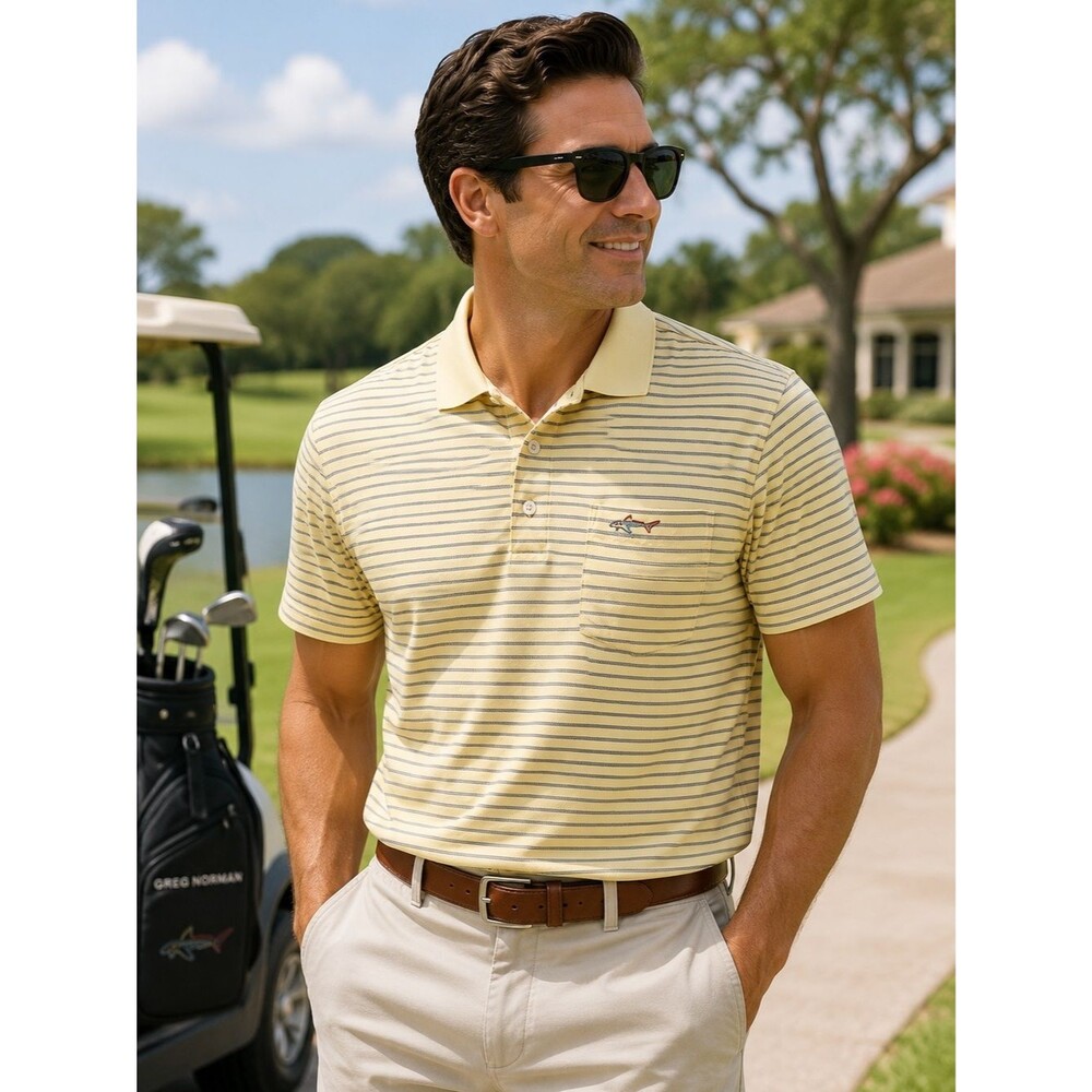 Greg Norman for Tasso Elba Polo Shirt Mens M Yellow Blue Stripe Golf Pocket